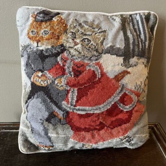 Vintage Needlepoint Cat Couple Ice Skating Victorian Dress Velvet Back 13" - Picture 9 of 10